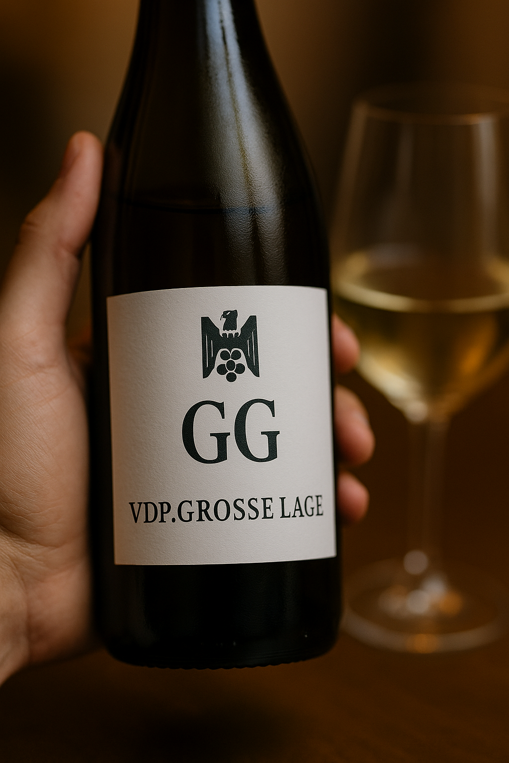 Hand hält edle Weißweinflasche mit GG-Siegel vor Glas – VDP.GROSSE LAGE erkennbar.