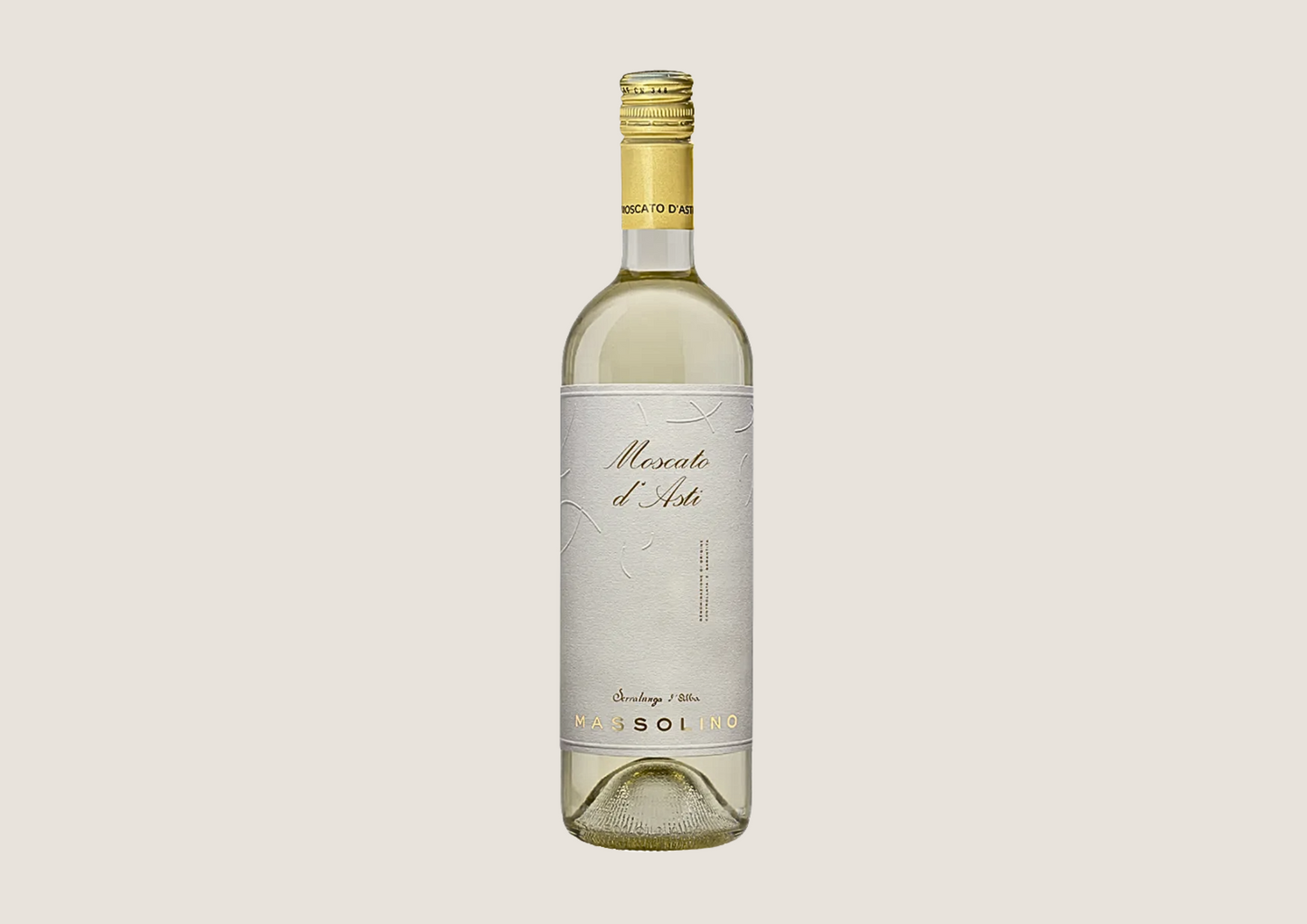 Massolino Moscato d’Asti – elegante Weißweinflasche mit goldener Kapsel vor hellem Hintergrund.