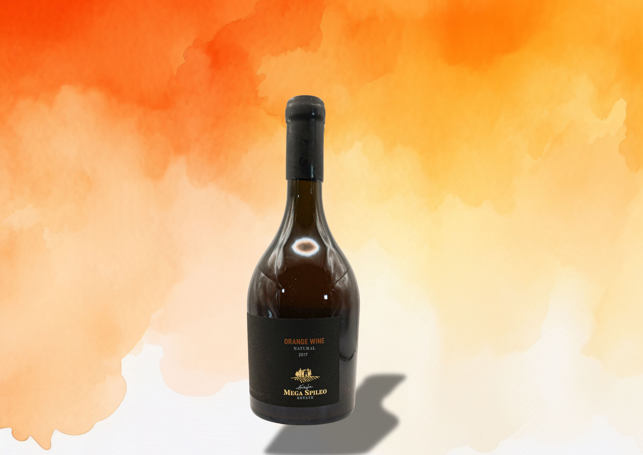 Naturtrüber Orange Wine 2017 in edler Flasche vor warmem Farbverlauf im Hintergrund.