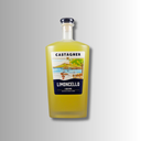 Castagner Limoncello in matter Glasflasche, sonnengelb schimmernd, mit mediterraner Illustration auf dem Etikett.