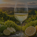 „Glas Weißwein mit grünen Trauben, Apfel und Zitrusfrüchten vor einem Weinberg“
