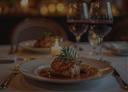 „Gebratenes Fleischgericht mit Rosmarin zu zwei Gläsern Rotwein im Restaurant“