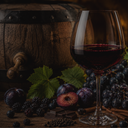 „Glas Rotwein mit dunklen Beeren, Trauben, Schokolade und Holzfass im Hintergrund“