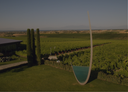 „Weinberge von Ktima Gerovassiliou mit moderner Skulptur und weiter Landschaft“