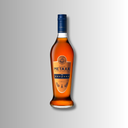 Bernsteinfarbene Metaxa-Flasche mit schlanker Form, blauem Verschluss und klassischem Etikett.