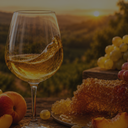 „Glas goldener Süßwein mit Trauben und Honigwabe vor einem Weinberg im Abendlicht“