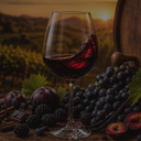 „Glas Rotwein mit dunklen Trauben und Beeren vor einem Weinberg im Abendlicht“