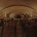 „Holzfässer in einem historischen Weinkeller mit gemauertem Gewölbe“